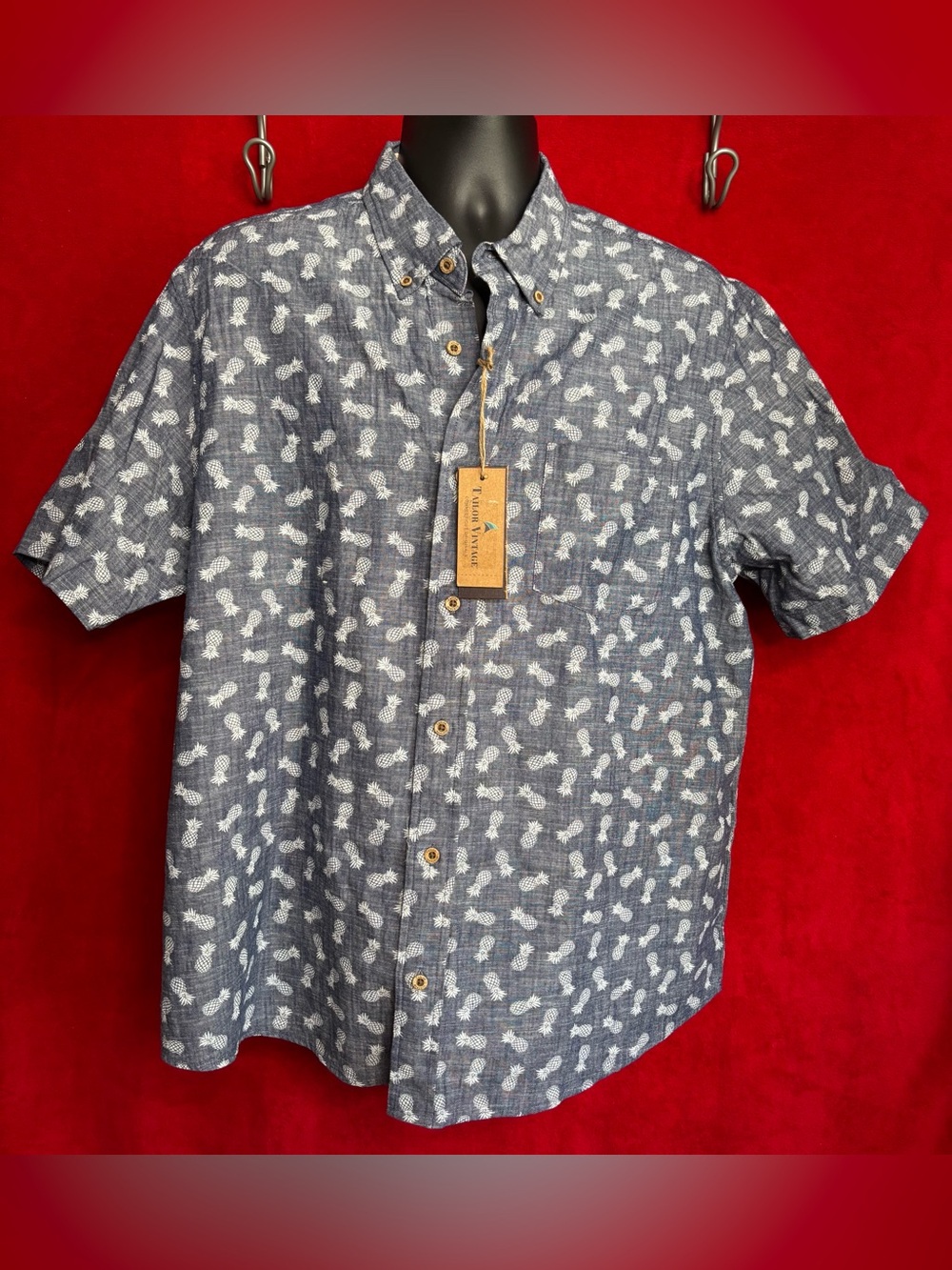 Tailor Vintage Navy Pineapple Print Button Down Shirt Chambray NWT XL